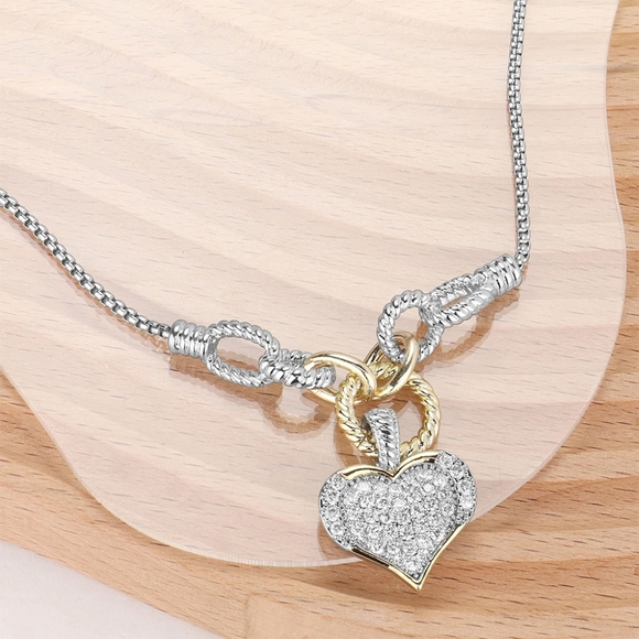iFashionBox Jewelry - Two Tone 14K Gold Plated CZ Heart Charm Pendant Necklace Statement Jewelry